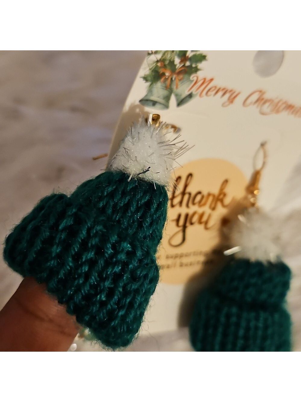 Handmade Jewelry Hand Knit Mini Christmas Hat Green white and silver pom-pom 2" - Picture 2 of 8